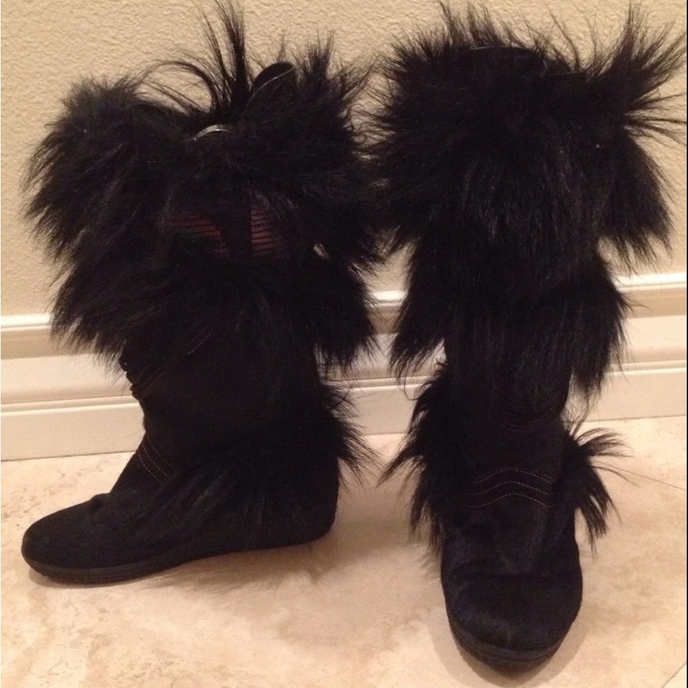 MONTEBELLO Black Pony Hair Suede Fur Indian Blanket Comfort Knee Boot 6.5M Italy